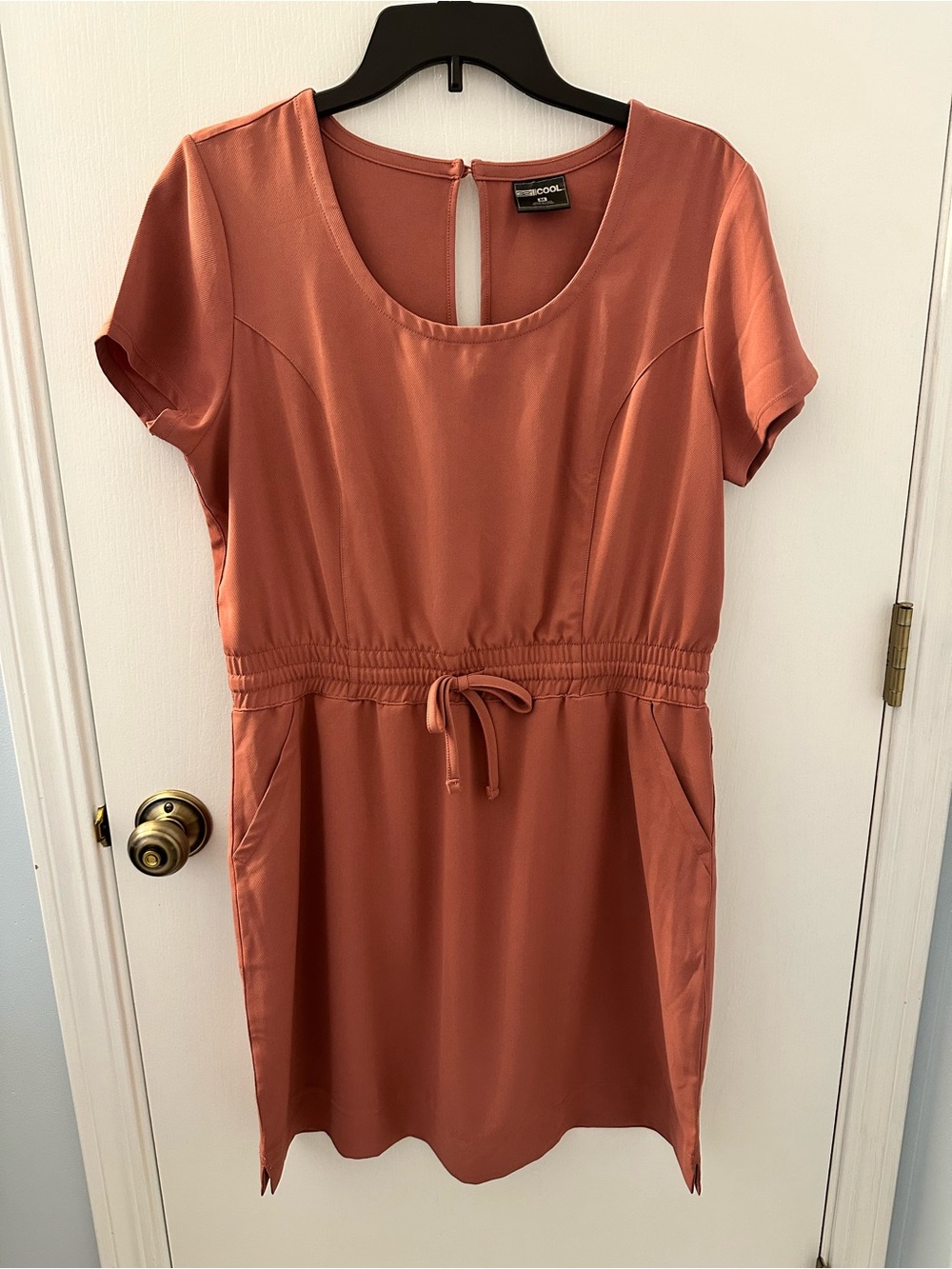 Rose colored Short-Sleeve Drawstring Waist Mini Dress